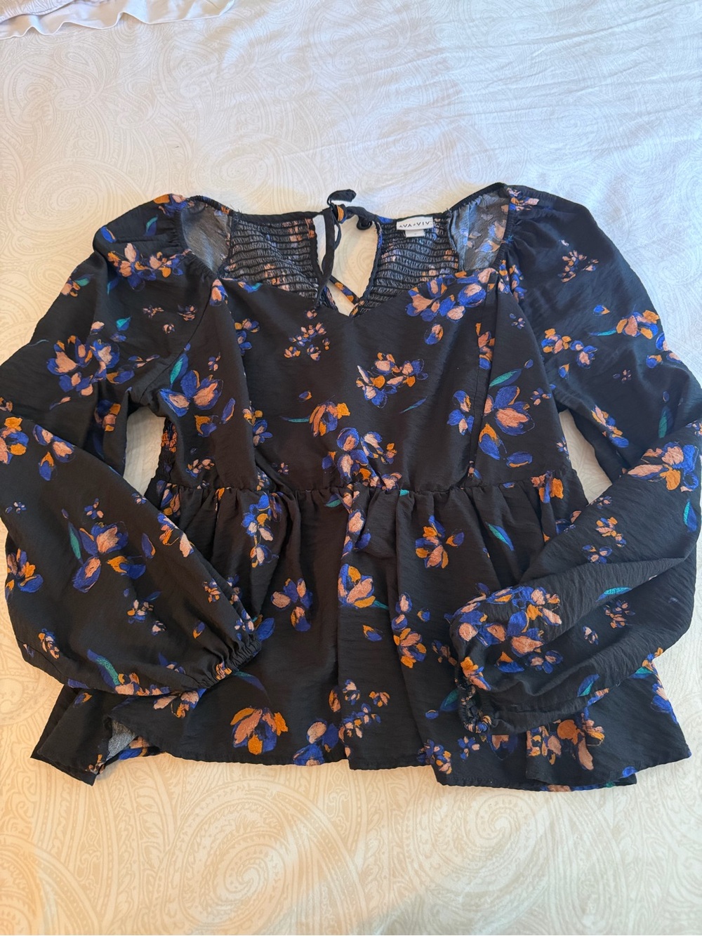 Wayf Black Floral Peplum Tie-Back Blouse